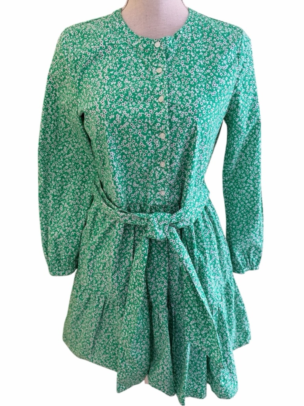 J. Crew Spring Green with Daisy Ditsy Floral Tie Waist Aline Shirt Dress XS